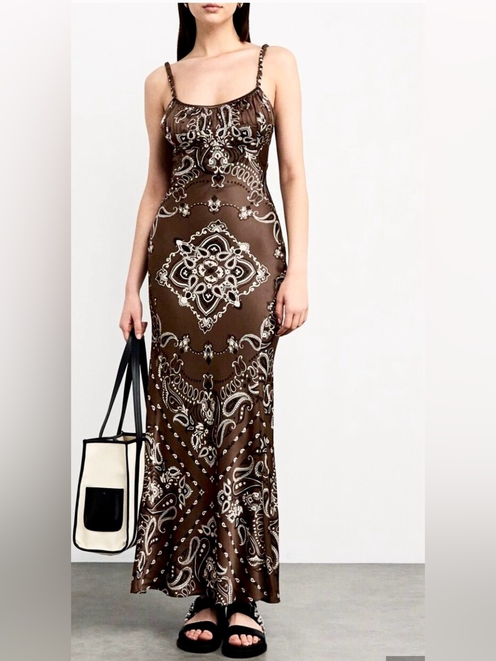 Camila Coelho Satin Paisley Maxi Spaghetti strap  dress brown size M L